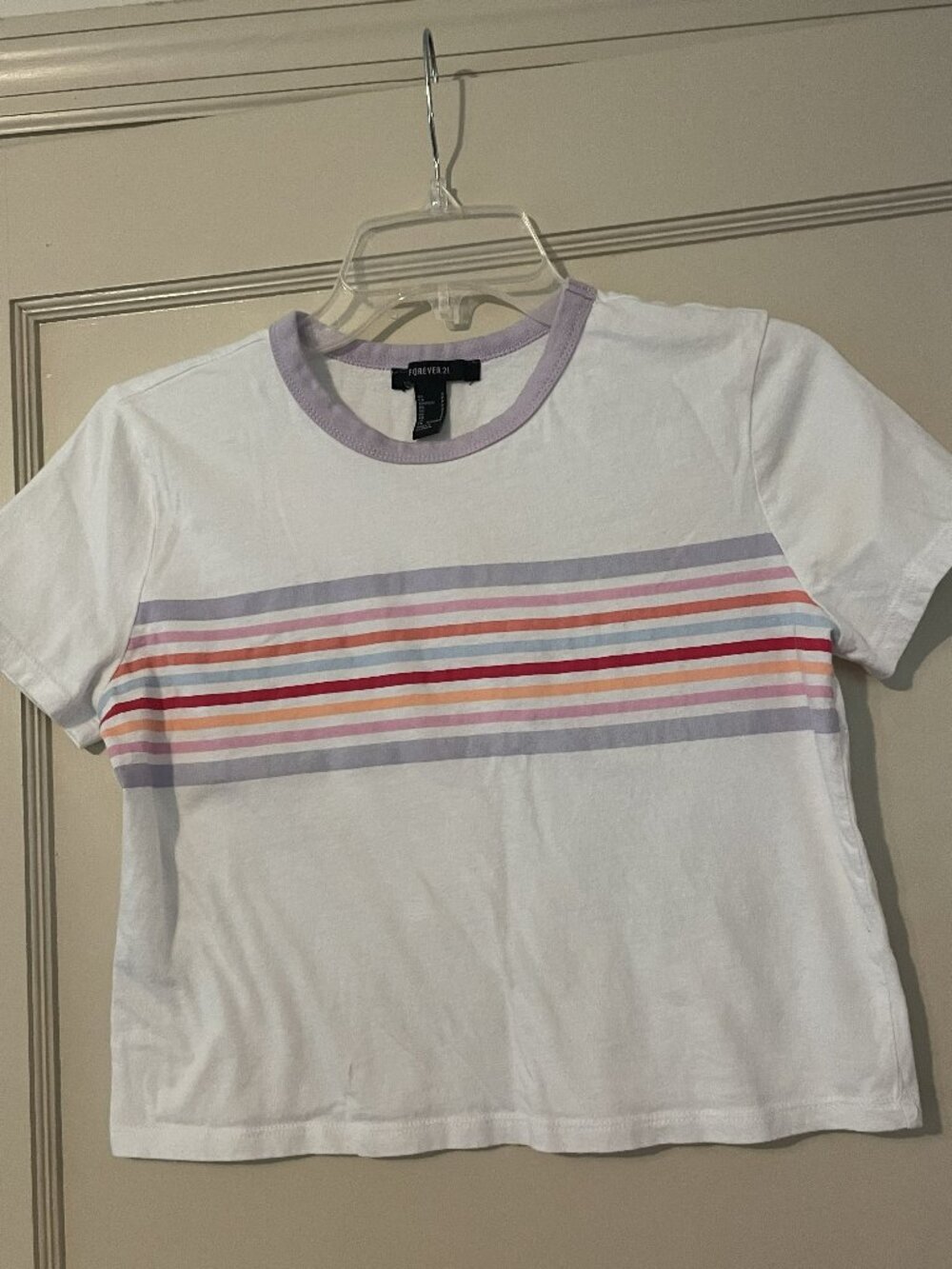 Forever 21: White and Multicolored-Stripes Cropped Tee